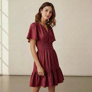 Maroon High Waist Cotton Mini <b>Skirt</b> Casual Short Sleeve For Women Featuring Lightweight Fabric Modern Style Comfortable Fit - Product Image 4