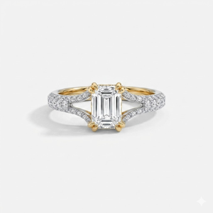 Bague de fiançailles en diamant de laboratoire émeraude, à deux tons, avec tige fendue et accents pavés en or jaune massif 18 carats, alliance de mariage en métaux mixtes - Product Image 4