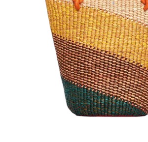 Diagonal Striped Seagrass <b>Handbags</b> Leather Handle Woven Straw Tote Bag Fashion Women <b>Summer</b> Beach Purse OEM ODM - Product Image 2