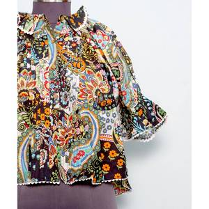 Túnica Moderna con Estampado Floral, 100% Algodón Lavable, Estilo Casual Femenino, Cuello Mandarín con Volantes, Manga Media, Mini - Product Image 2