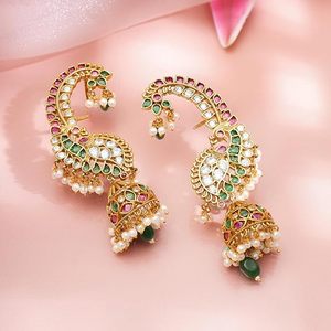 Pendientes de Lujo con Baño de Oro y Certificación Kundan, Estilo Jhumka, para Mujer, Joyería Nupcial India, con Perlas de Pavo Real, Estilo Étnico - Product Image 2