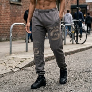 Pantalon de jogging gris pour homme, taille élastique, broderie et rivets, décontracté, en coton mi-lourd, pour l'automne, style streetwear - Product Image 3