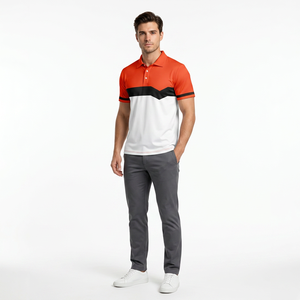 Polo pour homme à manches courtes en tissu tissé, décontracté, blanc, orange, noir, avec boutons sur le devant - Product Image 3