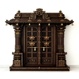 Compre una Puerta de Templo Hindú Hecha a Mano de Primera Calidad con Acabado Dorado Antiguo a un Precio Accesible, Marco de Puerta de Madera Maciza Hecho a Mano para Pooja - Product Image 1