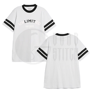 T-shirt personnalisé à rayures universitaires sur les manches, coupe oversize, en coton, col rond, style streetwear décontracté, impression sérigraphique, fabricant OEM ODM - Product Image 6