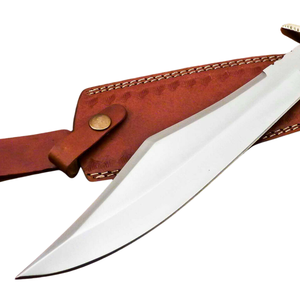 Cuchillo Bowie Hecho a Mano con Hoja Curva de Acero Plateado, Mango de Madera Marrón, Guardacuchillos Dorado y Funda de Cuero, Cuchillos de Caza Personalizados para Exteriores - Product Image 5