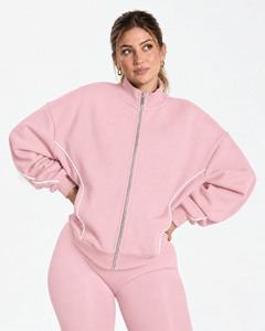 Conjunto Deportivo Personalizado para Mujer con Cremallera Completa, Pantalones Oversize con Ribete Blanco en Contraste, Cintura Elástica, Manga Larga, Conjunto de 2 Piezas - Product Image 5