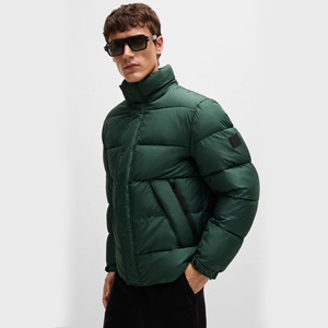 Veste matelassée pour homme, vert foncé, à capuche, col montant, fermeture éclair, coupe-vent, rembourrée de duvet, vêtement d'hiver décontracté, coupe régulière - Product Image 3