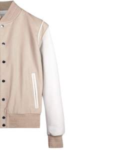 <b>Mens</b> Varsity <b>Jacket</b> Beige Wool Body <b>White</b> Front Embroidery Stand Collar Horn Button Waterproof College Bomber <b>Jacket</b> - Product Image 4
