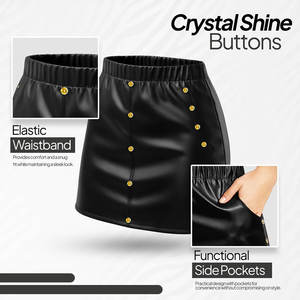 Mini-jupe en similicuir pour femme avec boutons en cristal, taille haute, coupe ajustée, jupe courte avec short intégré - Product Image 3