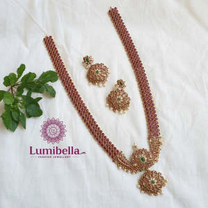 Ruby Three-Layer Kemp Haram with Pearls-Fine <b>Bridal</b> <b>Jewelry</b> <b>Set</b> - Product Image 1