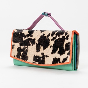 Unisex Casual Genuine Cowhide fur Leather animal print Card Holder Malty Color <b>Zipper</b> Closure <b>Wallet</b> with Patchwork Design - Product Image 1