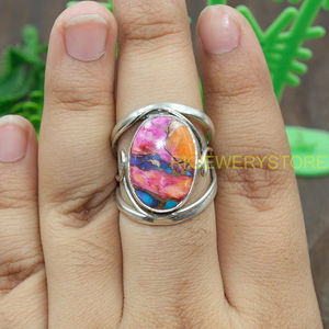 Anillo de Turquesa Rosa Ostra, Plata de Ley 925 y Latón, Anillo de Declaración, Anillo con Piedra Rosa, Joyería de Turquesa, Regalo Unisex - Product Image 5