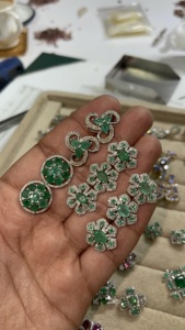 Genuine Emerald and Diamond Flower <b>Silver</b> <b>Stud</b> Earrings 92.5 Sterling <b>Silver</b> Earring - Product Image 4