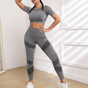 Gray Color Blocking Racerback <b>Crop</b> Top High Waist <b>Leggings</b> 2 Piece Yoga Set Seamless Four-Way Stretch Full Length - Product Image 1