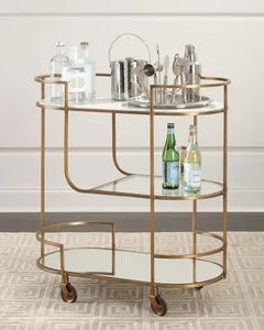 Modern Gold Iron Beverage <b>Trolley</b> with Glass Shelves Rolling <b>Serving</b> Cart Home Kitchen Dining Room Storage and <b>Serving</b> Organizer - Product Image 1