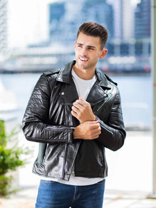 Chaquetas de cuero personalizadas de invierno Puffer Collar Classic Quick Dry Mens Jet Black Leather Jacket For Men - Product Image 5