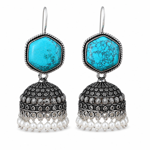 Pendientes Jhumka de Latón Oxidado Plateado con Turquesa y Perlas de Imitación Estilo Bohemia para Boda, con Garantía Comercial - Product Image 5