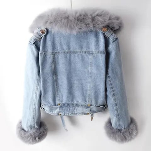 Chaqueta vaquera personalizada para mujer, gruesa, con cuello de piel sintética, corta, para invierno, con cinturón, forro polar, estilo streetwear, abrigo exterior - Product Image 2