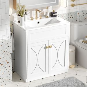 Meuble-lavabo autoportant moderne de 30 pouces avec vasque en céramique intégrée, armoire de rangement à fermeture douce et poignées dorées - Product Image 4