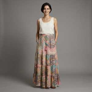 Women's Boho Woven Printed Tiered A-Line Maxi <b>Skirt</b> with <b>Elastic</b> Waist Casual Summer Cotton Blend <b>Skirt</b> - Product Image 5