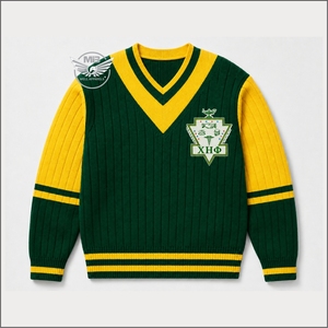 Pull en tricot torsadé à col en V pour femmes, sororité Chi Eta Phi, vert et jaune, brodé, style preppy, vêtement d'hiver - Product Image 1