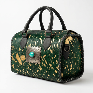 Nouveau sac de voyage de luxe sportif en cuir de vachette véritable couleur verte, résistant à l'eau, avec concho turquoise et noir - Product Image 3