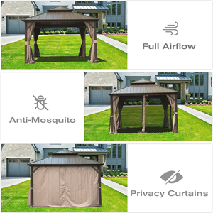 10 X 10 Hardtop Aluminum Metal Gazebo with Galvanized Steel Double <b>Roof</b> <b>Canopy</b> & Curtain Netting Permanent Pergola - Product Image 5