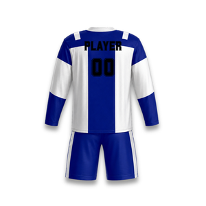 Custom Ice Hockey Jersey Set Blue White Sublimated V-Neck Full Sleeve <b>Moisture</b> Wicking 100% Polyester Adult Unisex - Product Image 5