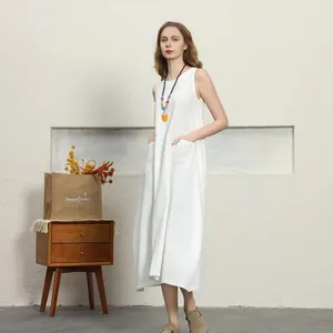 Elegant <b>White</b> Cotton Linen Midi <b>Dress</b> O-Neck Sleeveless Loose Fit With Pockets Casual <b>Summer</b> <b>Maxi</b> <b>Dress</b> - Product Image 2