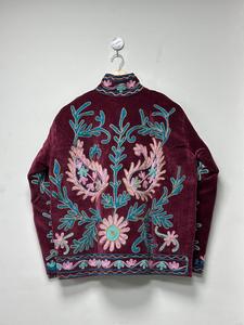 Elegant Burgundy <b>Velvet</b> Embroidered Suzani <b>Jacket</b> With Floral Pattern Full Sleeve Stand Collar Winter <b>Women's</b> Outerwear - Product Image 2