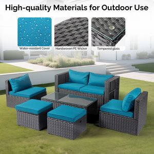 Set da Giardino: 2 Divani Senza Braccioli, 2 Poggiapiedi, 1 Divano Doppio, 1 Tavolino da Caffè in Rattan Nero con Cuscini Verde Pavone - Product Image 6
