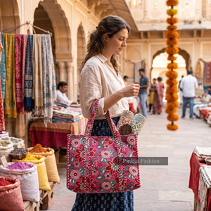 Bolsa de Mano Grande Acolchada de Algodón con Estampado Floral Rosa, Hecha a Mano, Multiusos, para la Playa, Viajes y Compras, para Mujer - Product Image 5
