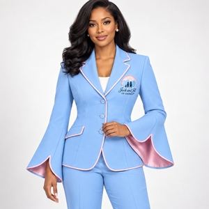 เสื้อเบลเซอร์แขนกระดิ่งปักลายสีฟ้าอ่อนชมพูสำหรับผู้หญิง JJOA Jack and Jill of America แบบสั่งทำขายส่ง - Product Image 2