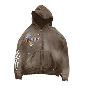 Sweat à capuche polaire surdimensionné à manches longues pour homme, personnalisé par le fabricant, effet délavé soleil, déchiré, avec strass, style designer, délavé à l'acide - Product Image 3