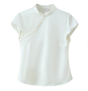 Blusa Elegante de Gasa Blanca para Mujer con Cuello Mandarín y Manga Casquillo, Ajuste Regular, Color Sólido, Antiarrugas, Para Todas las Estaciones - Product Image 2