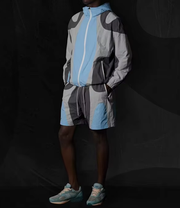Men's Color Blocking Sporty Hooded Jacket <b>Set</b> Quick Dry <b>Knitted</b> Polyester Spandex Summer Wear Short Sleeve Outfit - Product Image 1