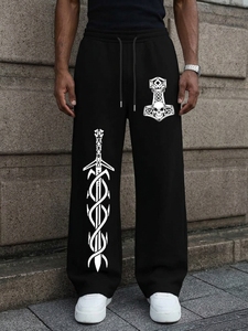 Pantalones Deportivos Negros para Hombre, Estampado de Espada y Calavera, Cintura Elástica con Cordón, Estilo Casual Urbano, Tejido Medio, 100% Algodón - Product Image 3