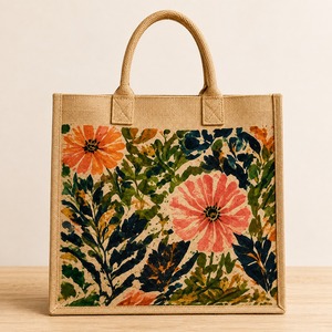 Sac fourre-tout en jute de taille moyenne avec logo personnalisé, fermeture à glissière, motif floral, pour un usage quotidien et pour offrir en cadeau - Product Image 4