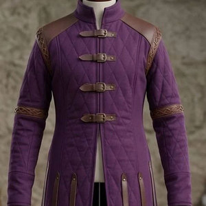 High-Quality Purple Padded Cotton Gambeson Medieval Viking Long Jacket Costume with Leather Straps for Cosplay Reenactment - Product Image 3