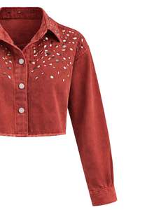 Chaqueta Vaquera Roja Corta Personalizada para Mujer con Cierre de Botones Frontales con Pedrería, Manga Larga, Estilo Urbano, Top para Fiesta - Product Image 5