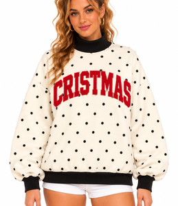 Wholesale Custom <b>Women's</b> <b>Christmas</b> <b>Sweatshirt</b> Oversized Mock Neck Polka Dots screen print Drop Shoulder Casual Winter Streetwear - Product Image 1