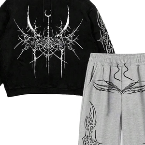 Conjunto Deportivo con Estampado Gótico, Sudadera con Capucha Unisex, Pantalones Grises, Manga Larga, Corte Holgado, Cordón Ajustable, Ropa de Otoño para Adultos - Product Image 3