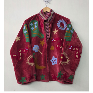 Prairie Chic Embroidered Woven Velvet <b>Quilted</b> <b>Jacket</b> Red Floral <b>Pattern</b> Spread Collar Full Sleeve Autumn Women's Wear - Product Image 4