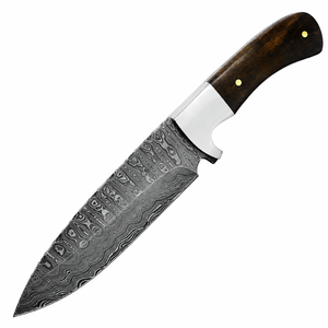 Cuchillo de hoja fija con mango de madera marrón oscuro, patrón Damasco, guardacuchillo plateado, hoja grabada gris y remaches de latón para exteriores - Product Image 3