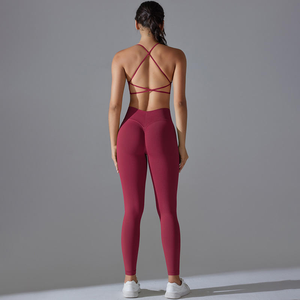 2 Piece Yoga Set Burgundy Racerback Crop Top High Waist Full Length <b>Leggings</b> Seamless Spandex Polyester Sport Wear - Product Image 2