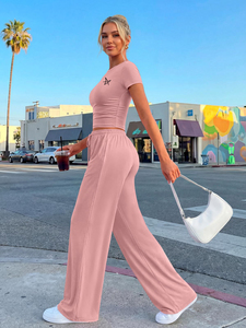 Women's Pink 2 Piece Casual <b>Set</b> Short Sleeve Crop Top Wide Leg Pants Pockets Breathable Regular Fit All Seasons Eco-Friendly - Product Image 6