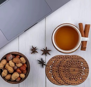 wheel shape wooden coaster <b>set</b> <b>rustic</b> round wheel design coaster for tea coffee <b>table</b> decor home kitchen office use gifting idea - Product Image 4