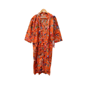 Kimono Floral Naranja de Algodón Hecho a Mano |   Bata de dormir con cuello en V y estampado para mujer |   Bata Larga con Bolsillos Delanteros y Cinturón - Product Image 1