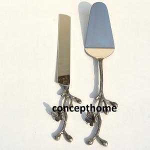 Ensemble de serveurs à salade en acier inoxydable poli miroir avec poignée décorative en forme de branche florale européenne, cuillère et fourchette - Product Image 4